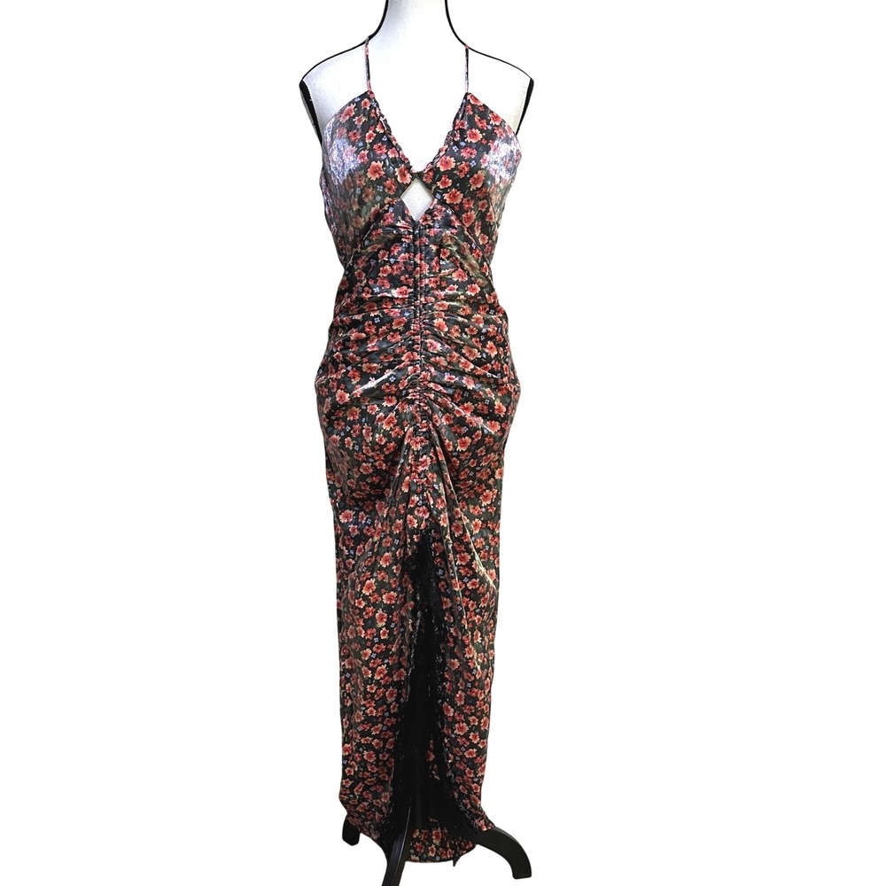 Rumer Halter Floral Maxi Dress M HOKA Metallic Ruched Lace Slit Whimsigoth Glam